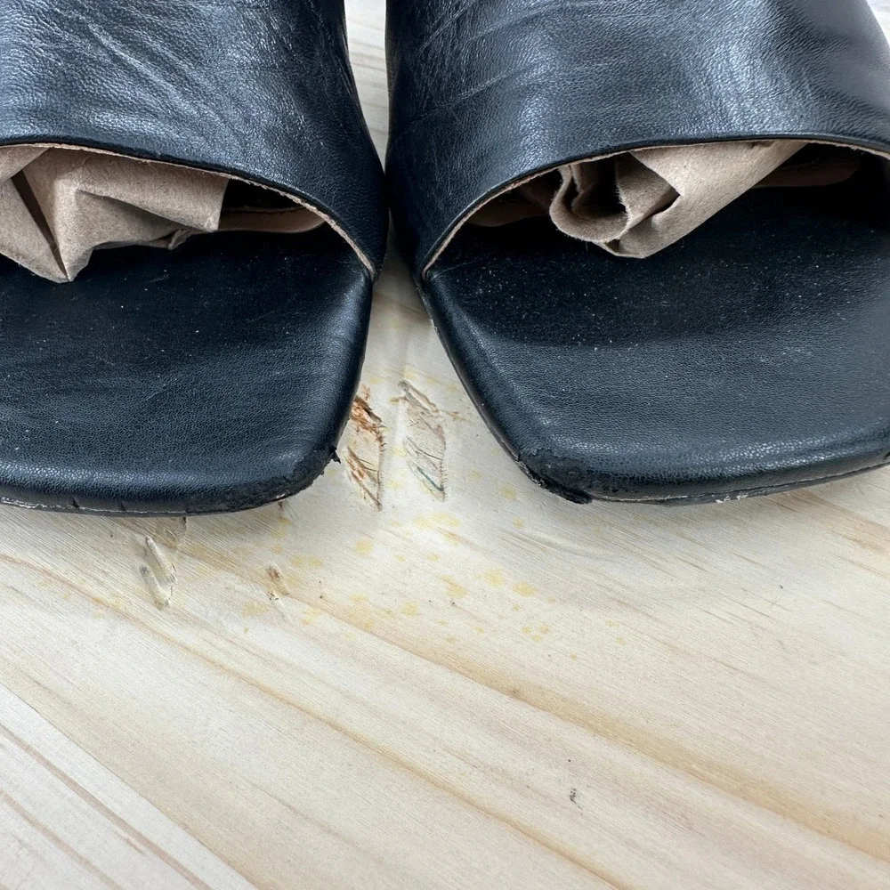 Y2K Sandals Womens 10M Black Leather Square Toe Low Block Heel Mules